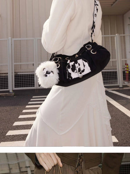 Punk Studded Horsehair Leather Crossbody Bag With Detachable Keychain