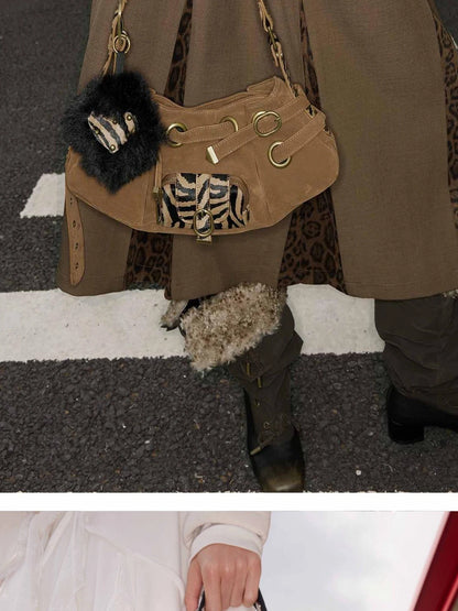 Punk Studded Horsehair Leather Crossbody Bag With Detachable Keychain