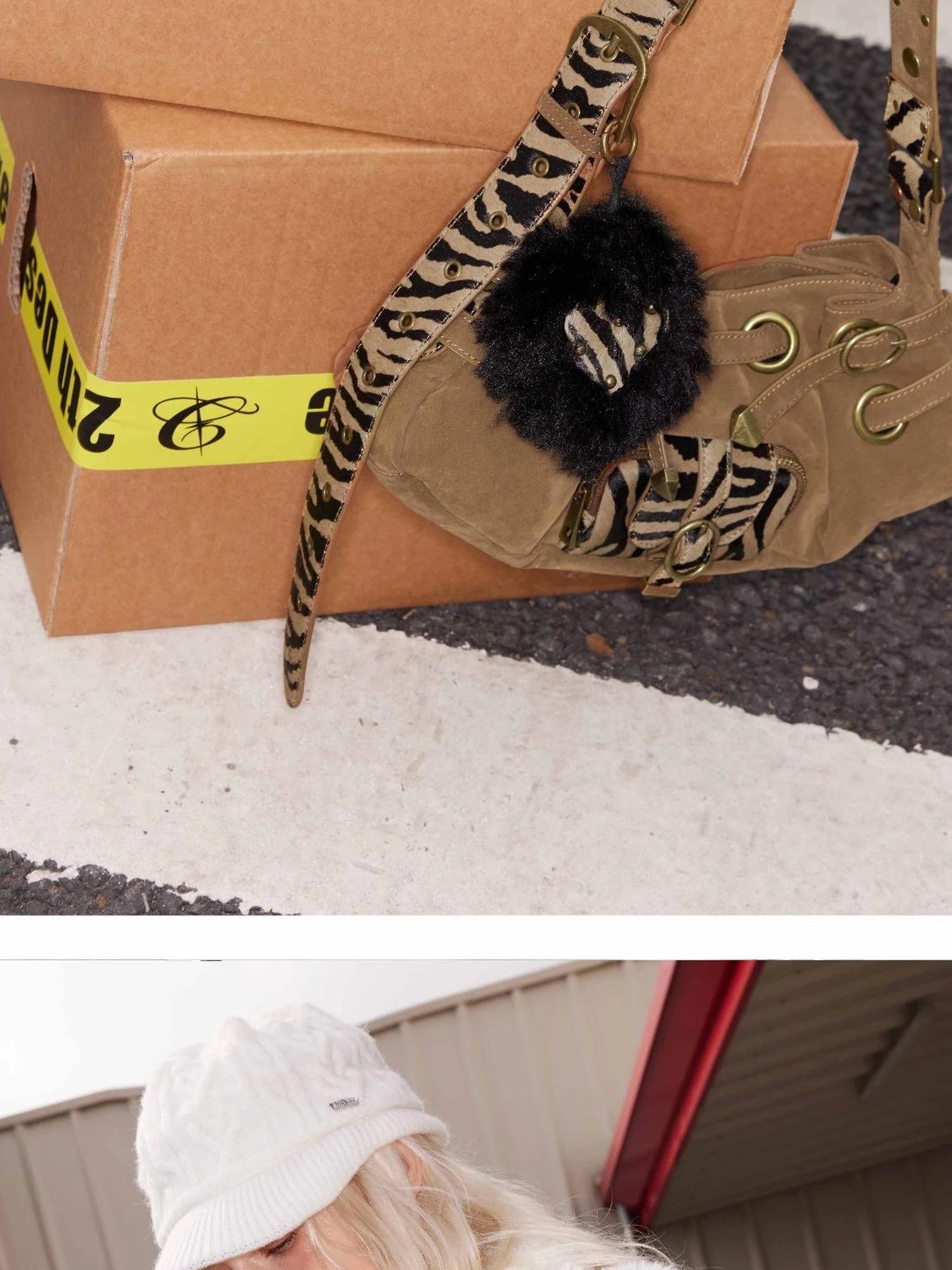 Punk Studded Horsehair Leather Crossbody Bag With Detachable Keychain