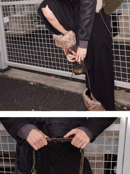 Punk Studded Horsehair Leather Crossbody Bag With Detachable Keychain