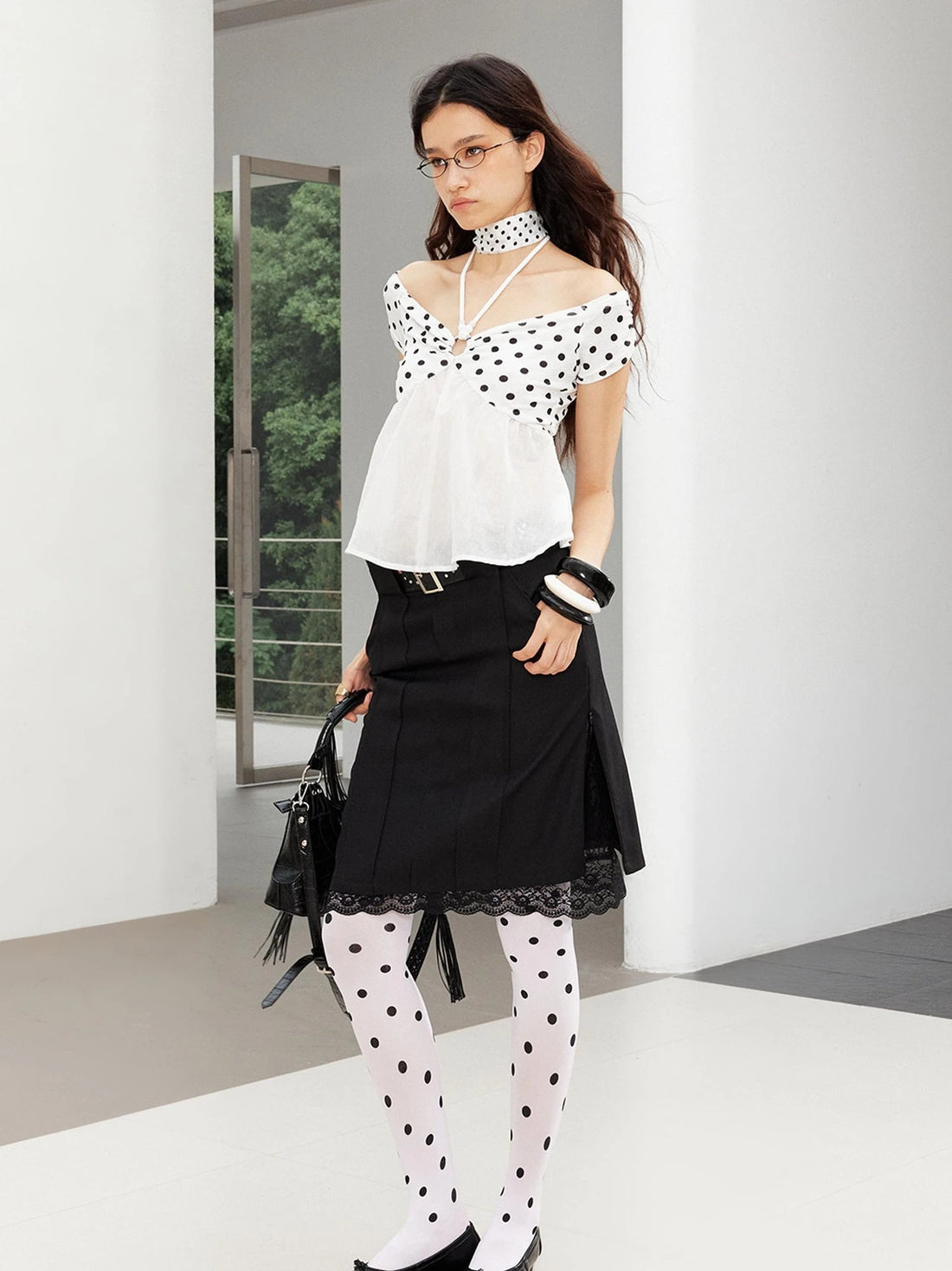 Punk Studded Leather Waist Lace Split Skirt