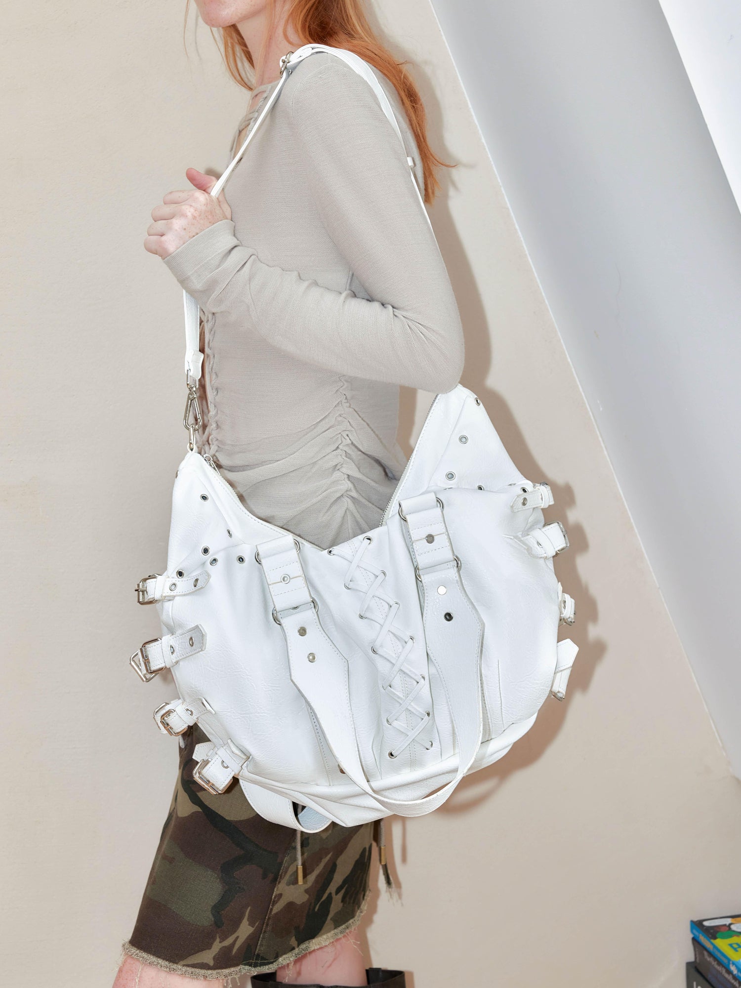 2th Desire Punk Studded Strapped Large Tote Crossbody Bag