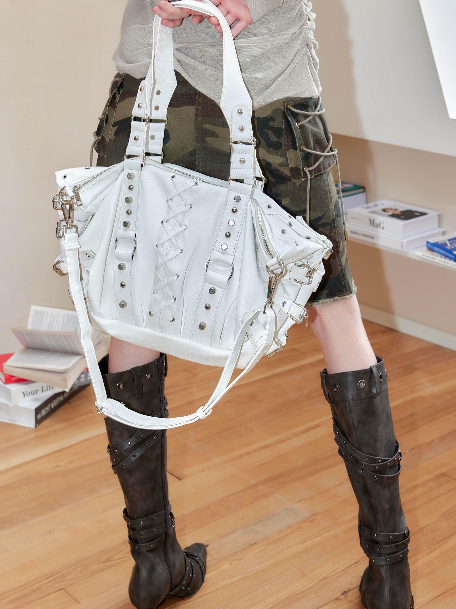 2th Desire Punk Studded Strapped Large Tote Crossbody Bag