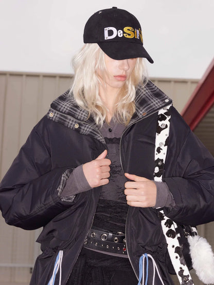 Quilted Hooded Short Puffer Jacket With Plaid Trim
