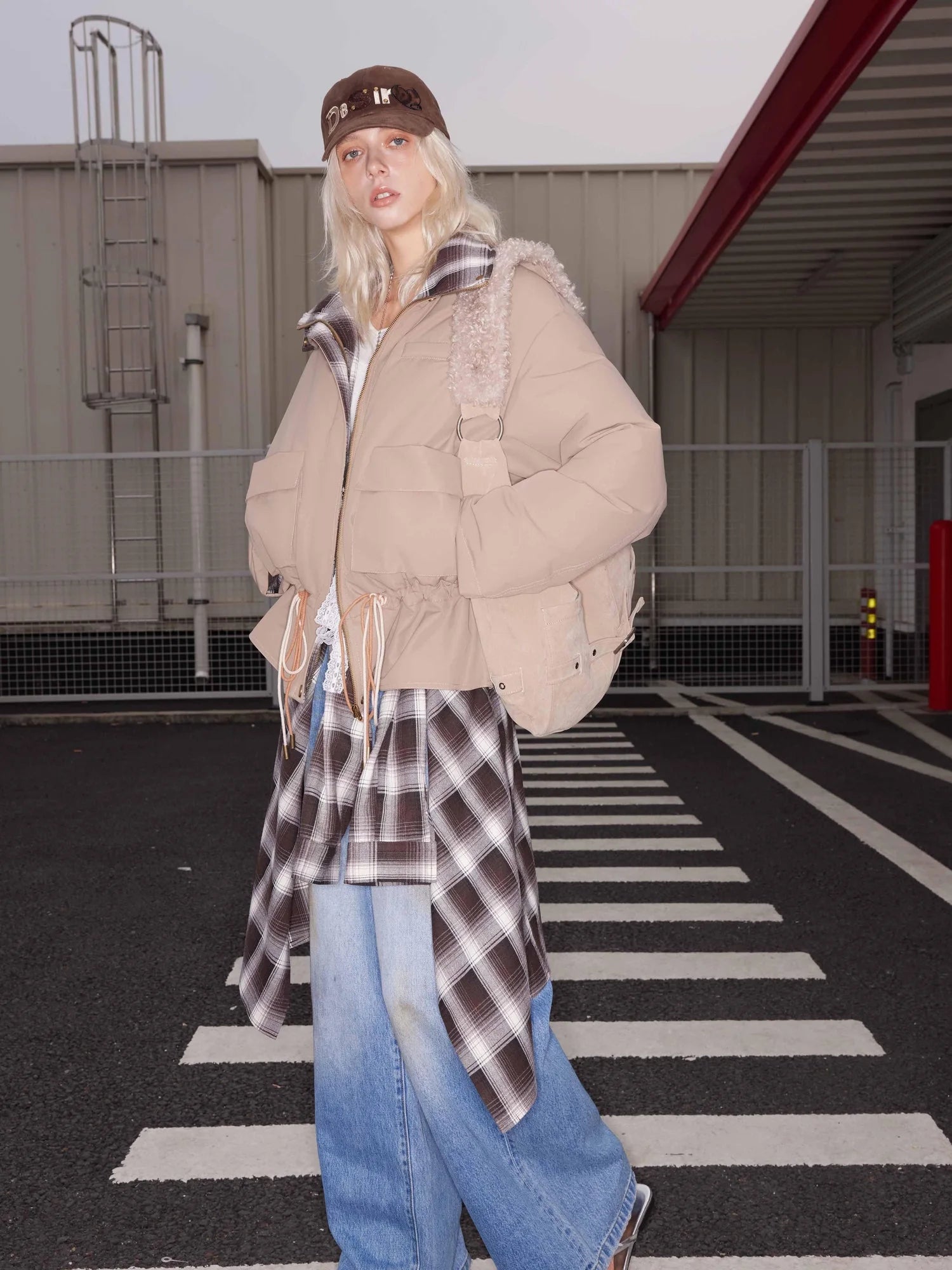 Quilted Hooded Short Puffer Jacket With Plaid Trim