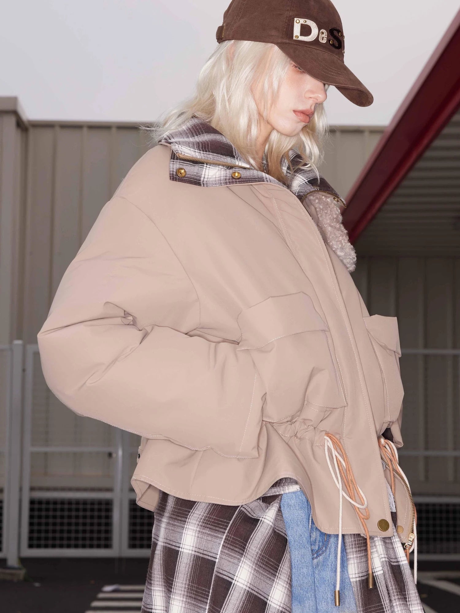 Quilted Hooded Short Puffer Jacket With Plaid Trim