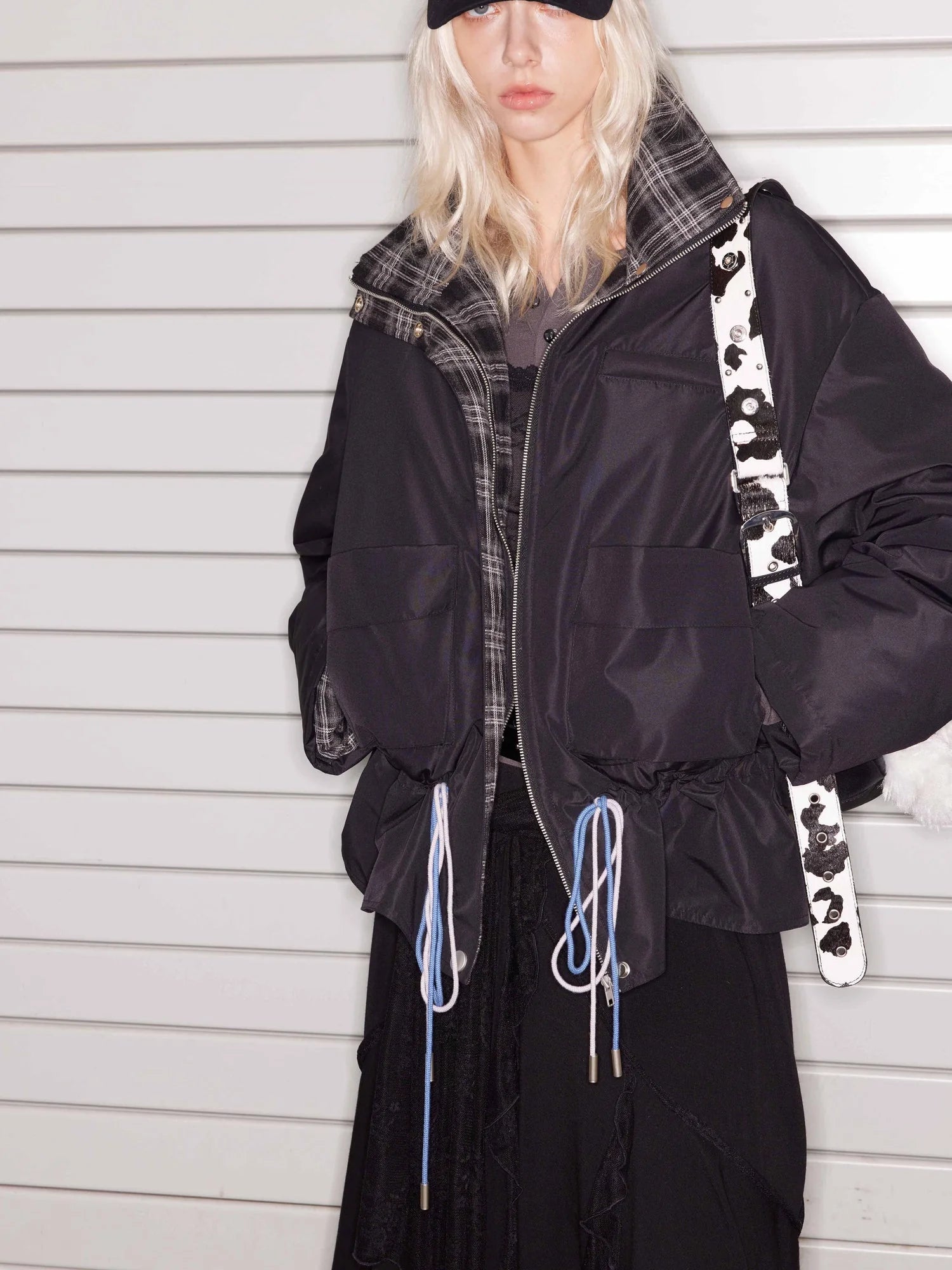 Quilted Hooded Short Puffer Jacket With Plaid Trim