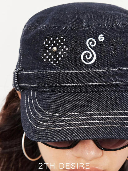 Raw Denim Polka Dot Flower Embroidery Equestrian Hat