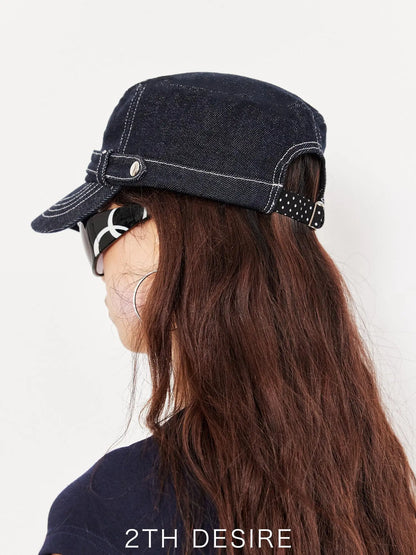Raw Denim Polka Dot Flower Embroidery Equestrian Hat
