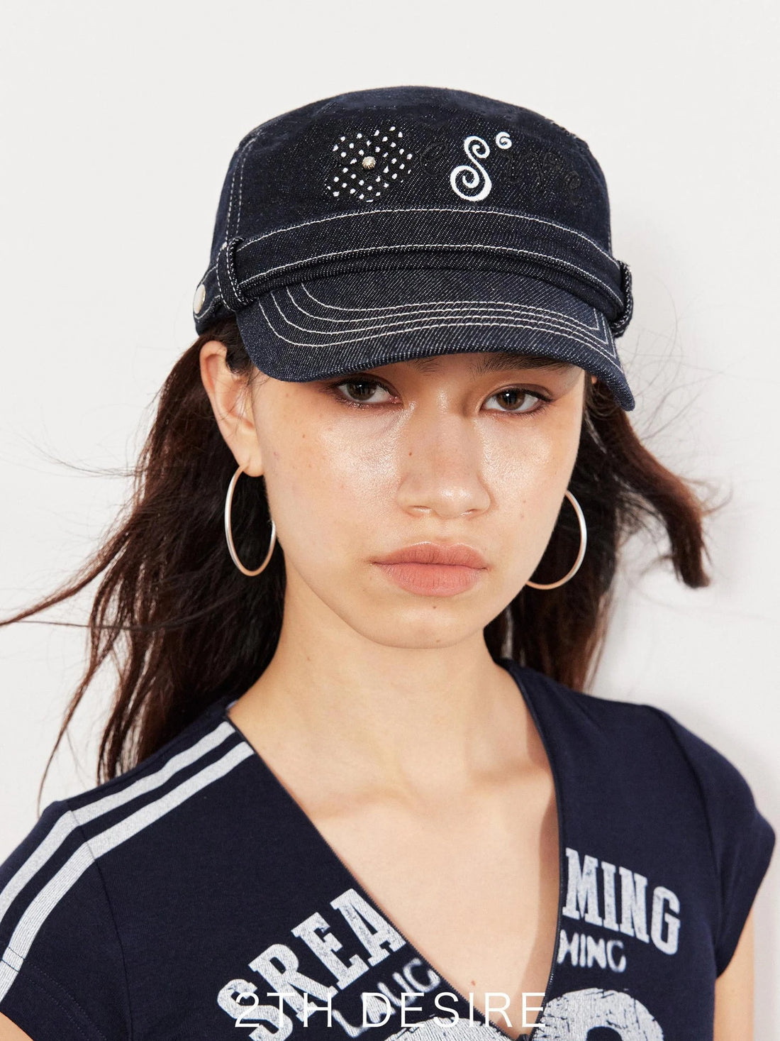 Raw Denim Polka Dot Flower Embroidery Equestrian Hat