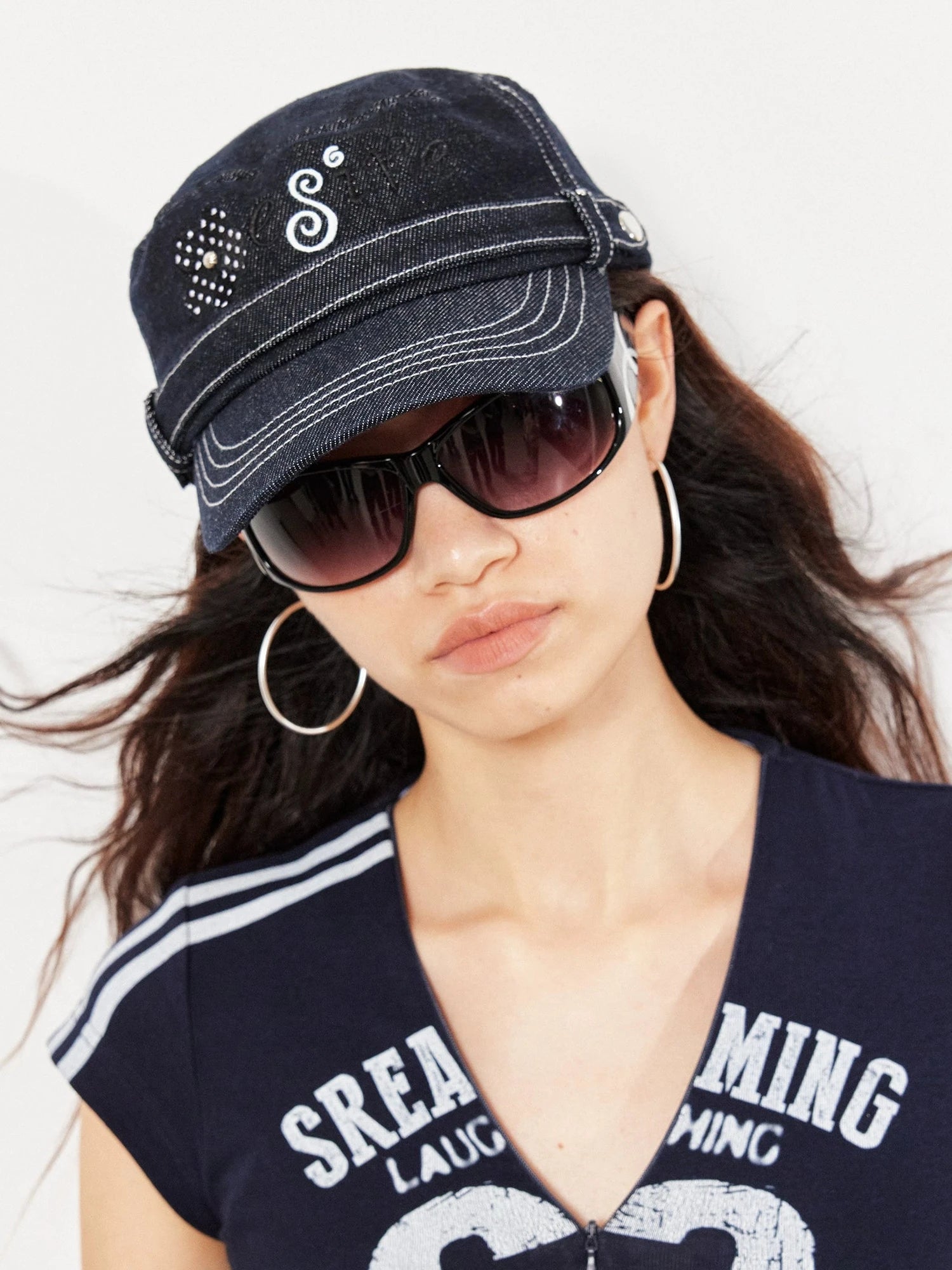 Raw Denim Polka Dot Flower Embroidery Equestrian Hat
