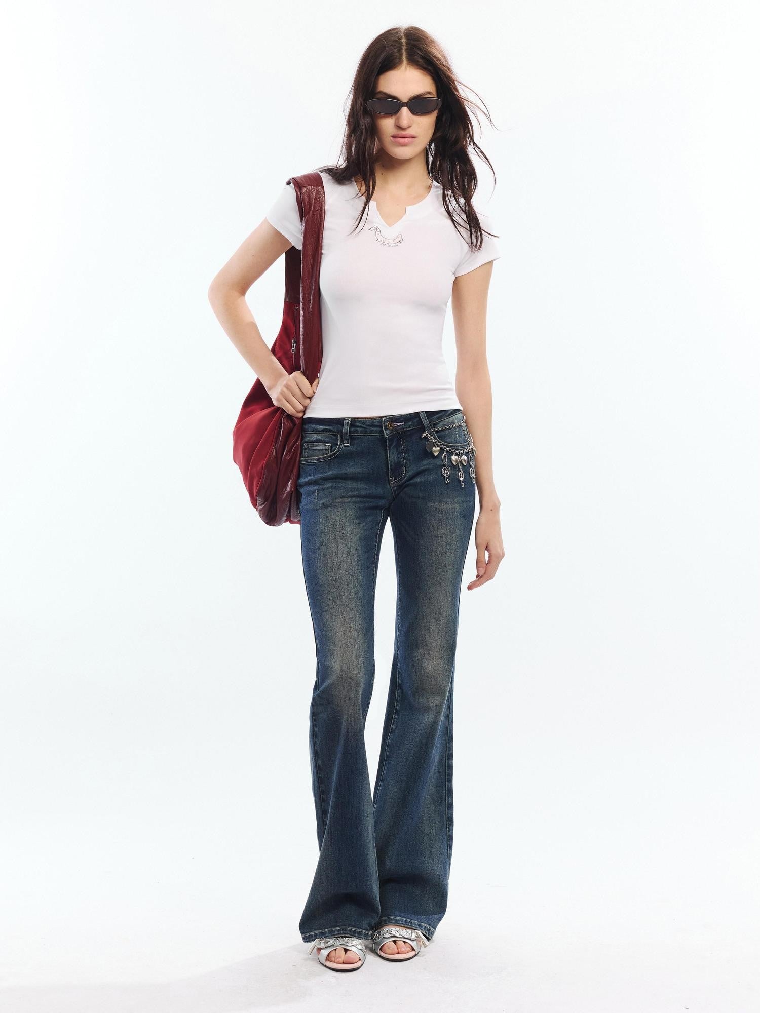 2th Desire Red White Printed V-neck Short Sleeve Women&