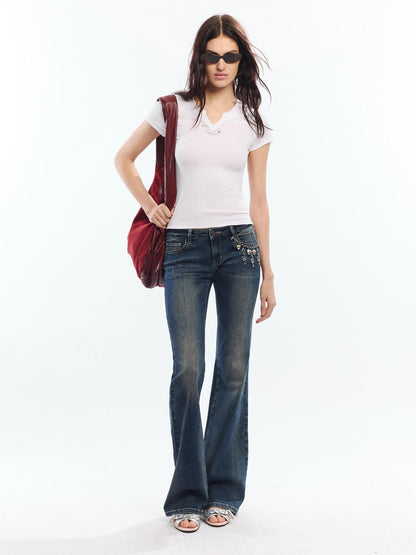 2th Desire Red White Printed V-neck Short Sleeve Women&