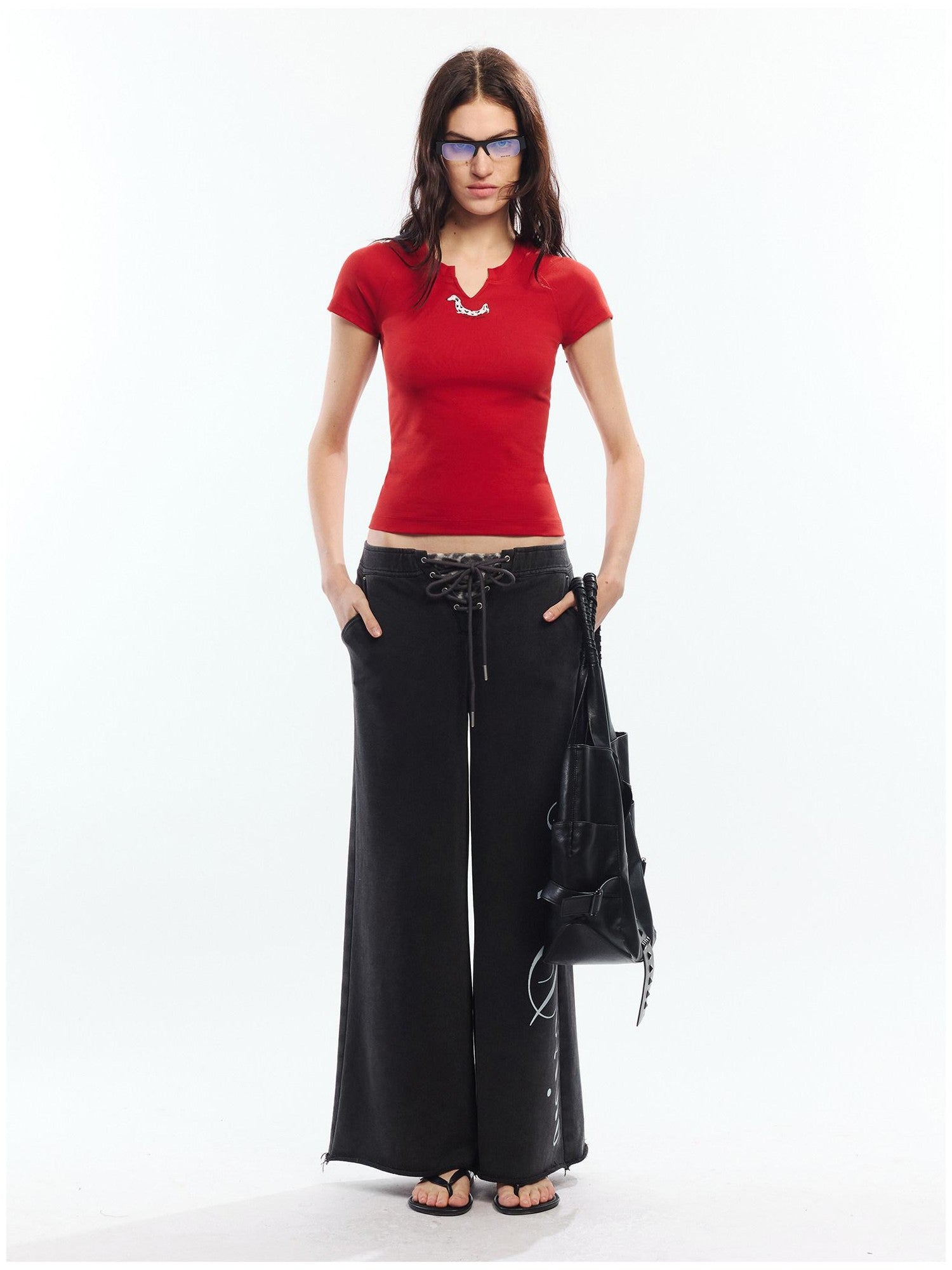 2th Desire Red White Printed V-neck Short Sleeve Women&