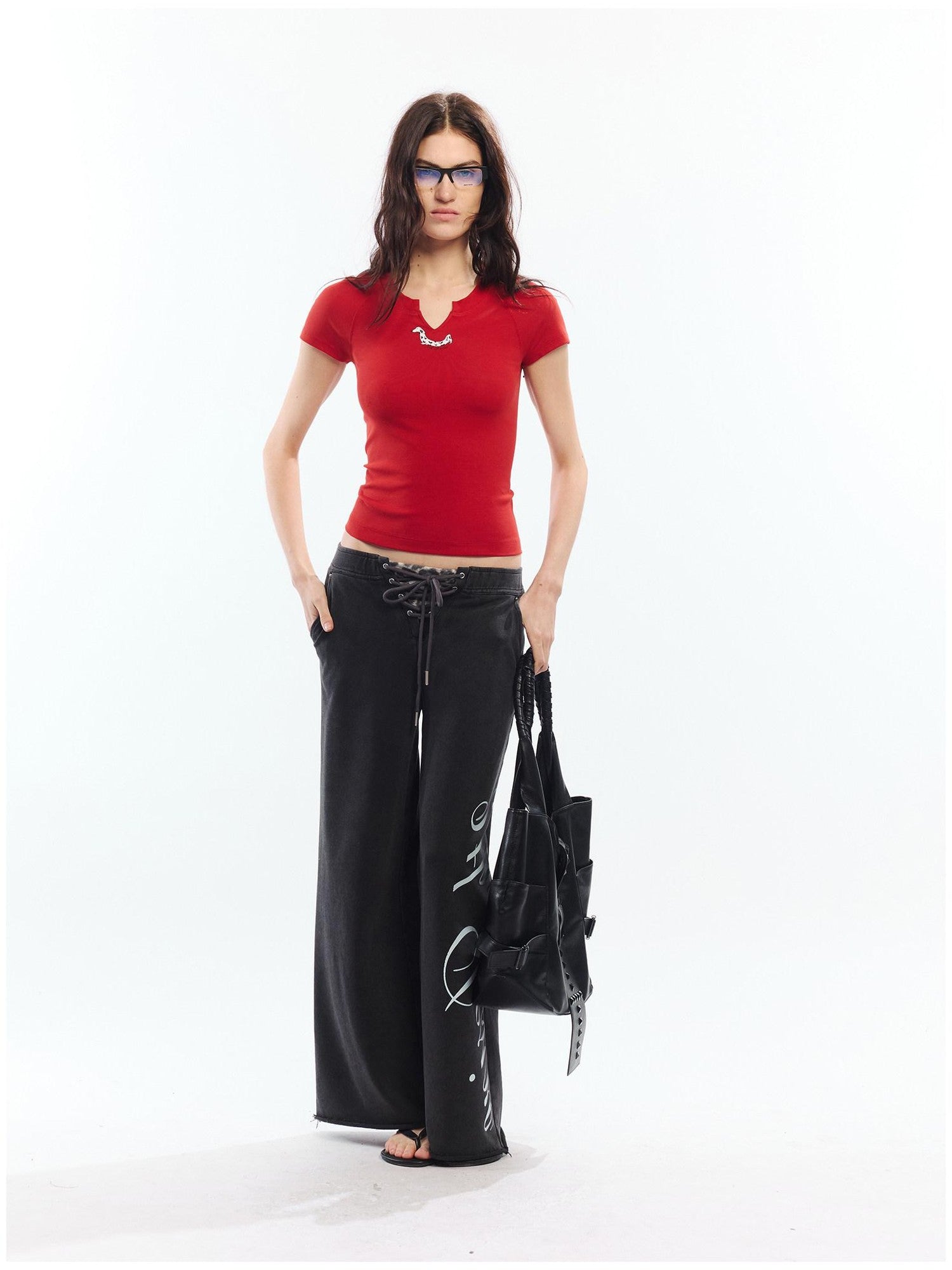 2th Desire Red White Printed V-neck Short Sleeve Women&