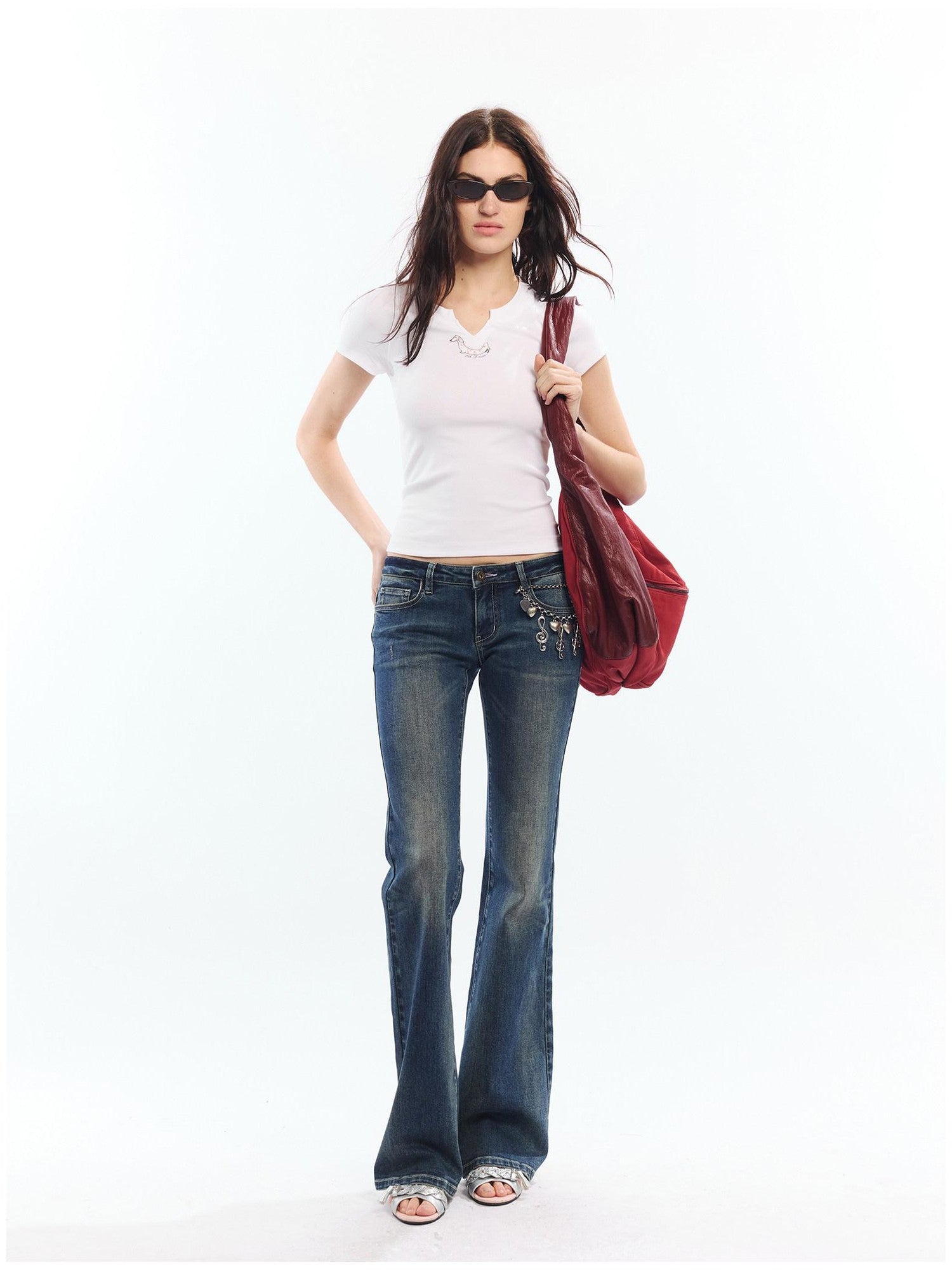2th Desire Red White Printed V-neck Short Sleeve Women&
