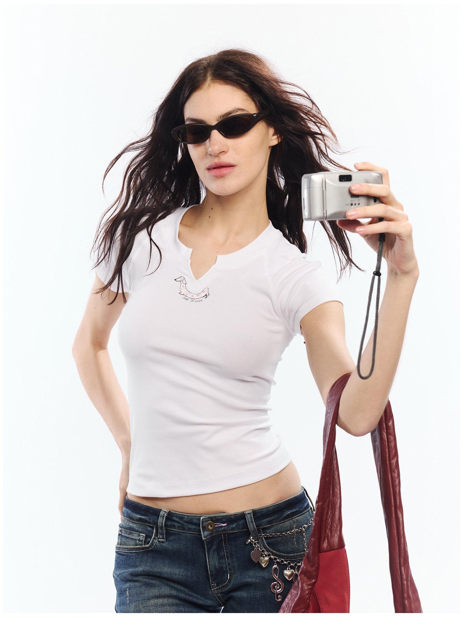 2th Desire Red White Printed V-neck Short Sleeve Women&