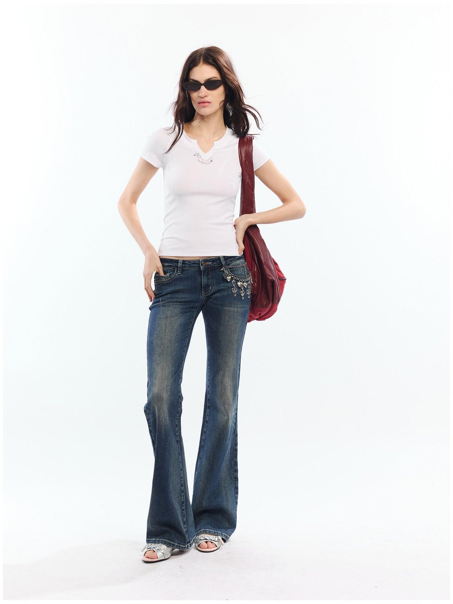 2th Desire Red White Printed V-neck Short Sleeve Women&