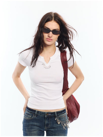 2th Desire Red White Printed V-neck Short Sleeve Women&