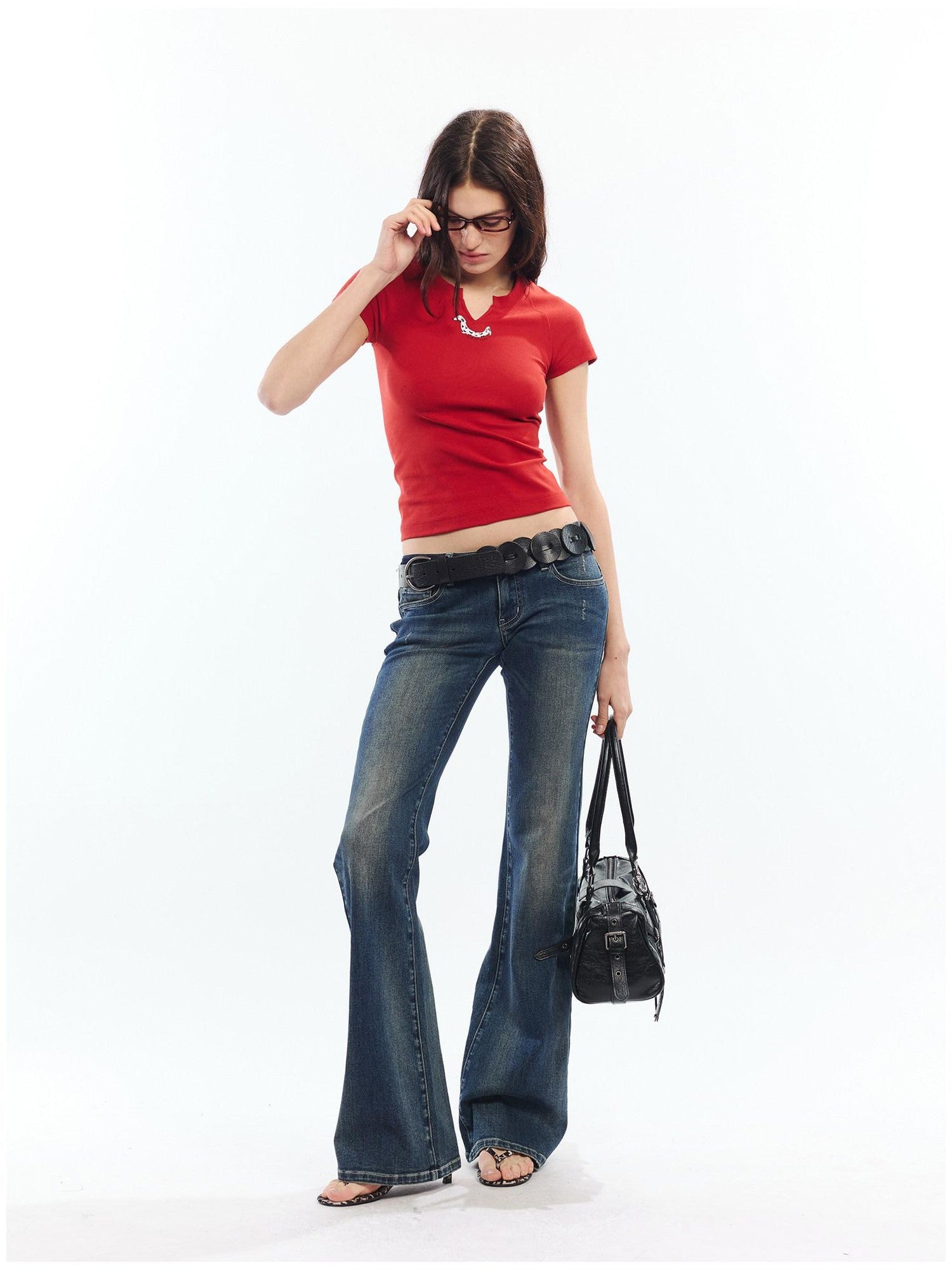 2th Desire Red White Printed V-neck Short Sleeve Women&