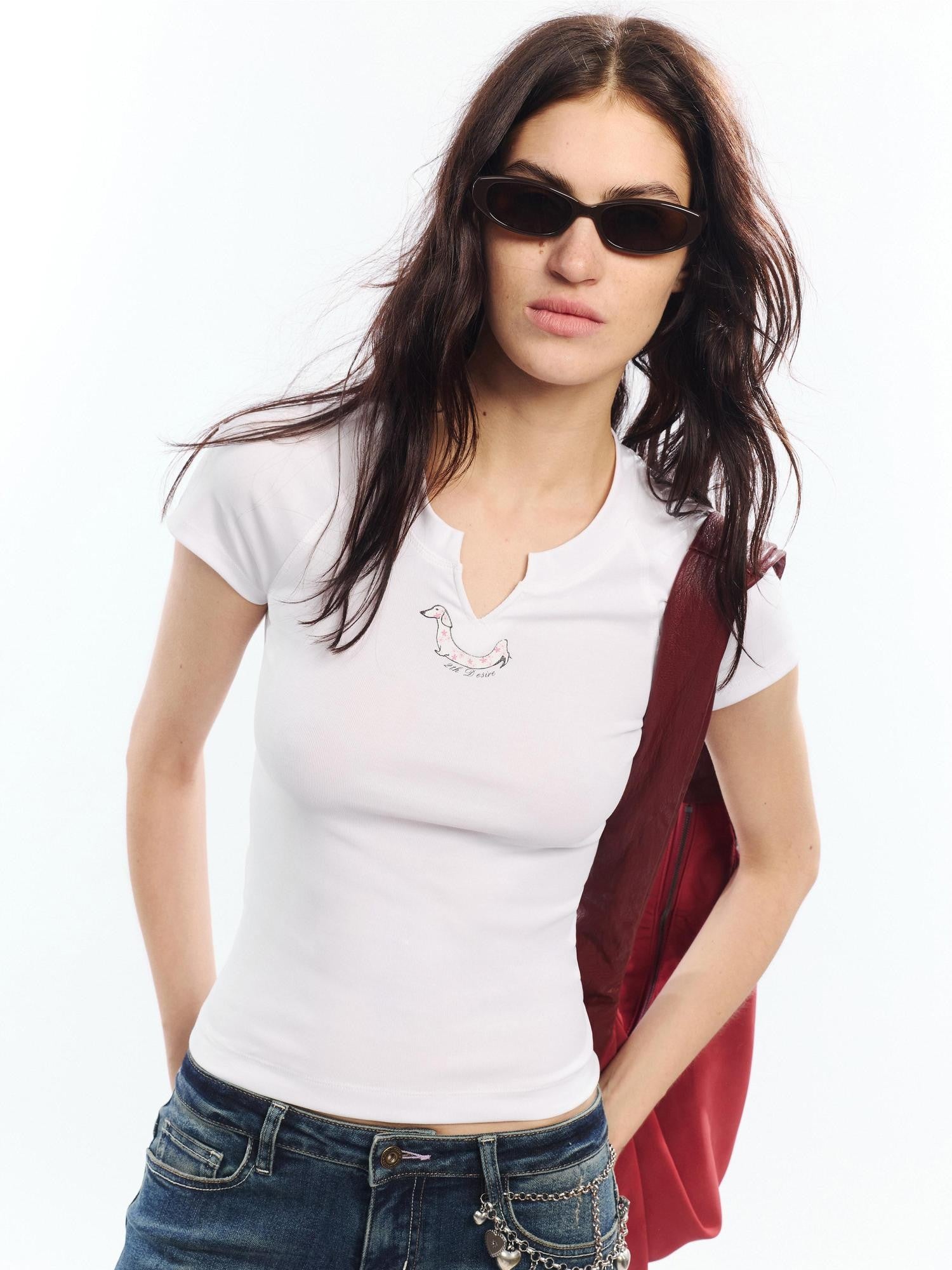 2th Desire Red White Printed V-neck Short Sleeve Women&