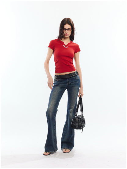 2th Desire Red White Printed V-neck Short Sleeve Women&