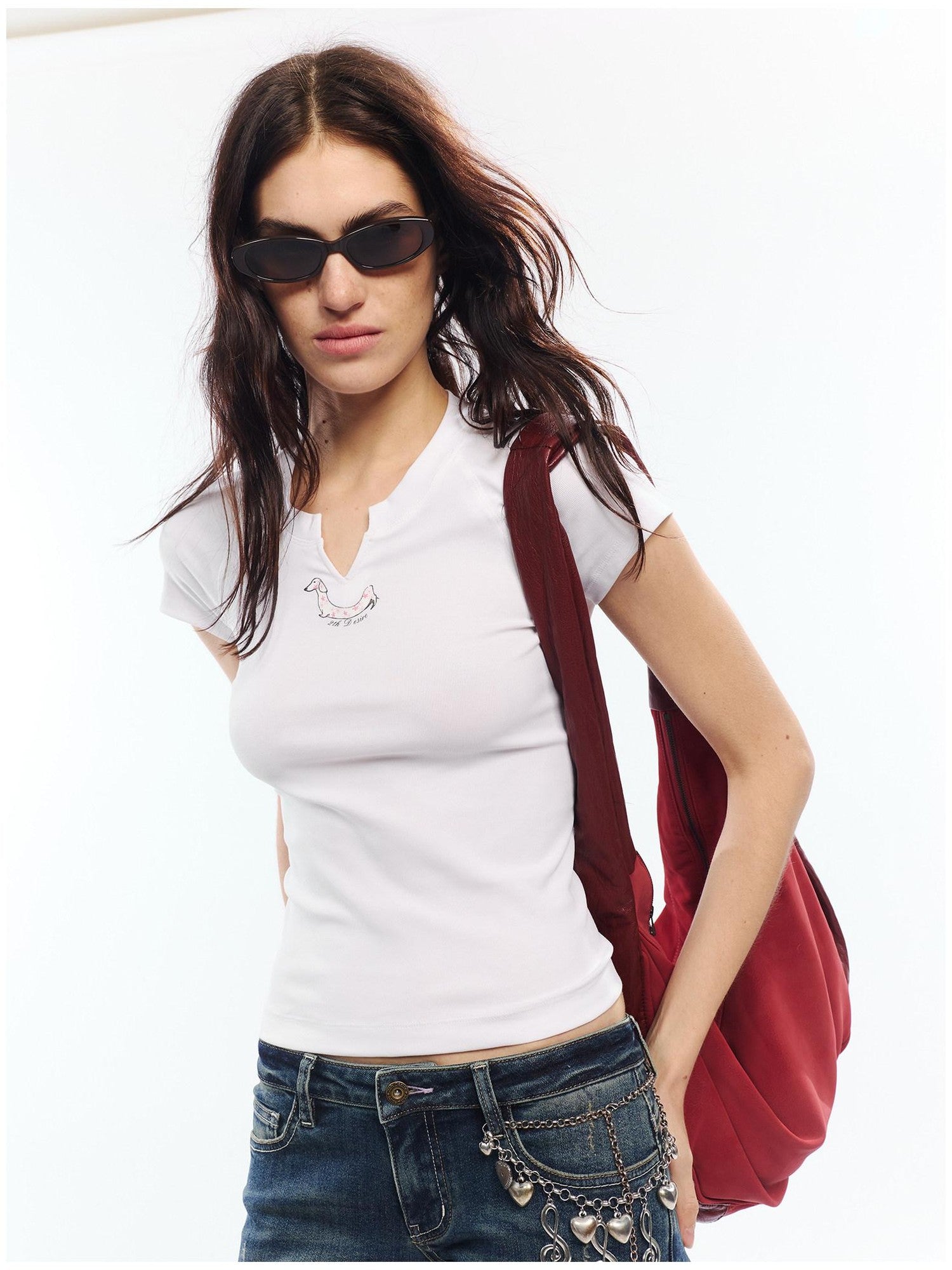 2th Desire Red White Printed V-neck Short Sleeve Women&