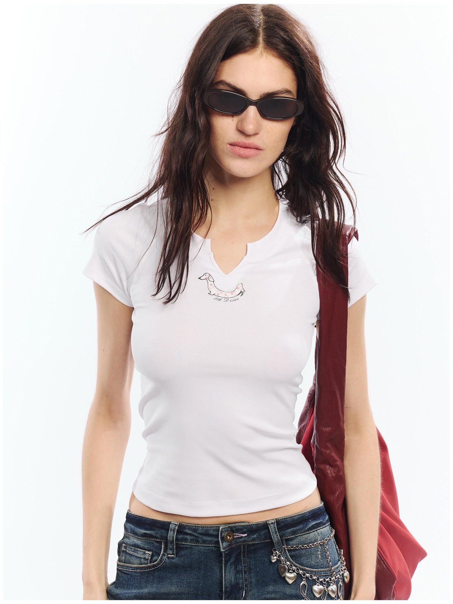 2th Desire Red White Printed V-neck Short Sleeve Women&