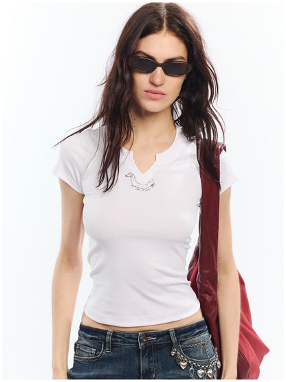 2th Desire Red White Printed V-neck Short Sleeve Women&