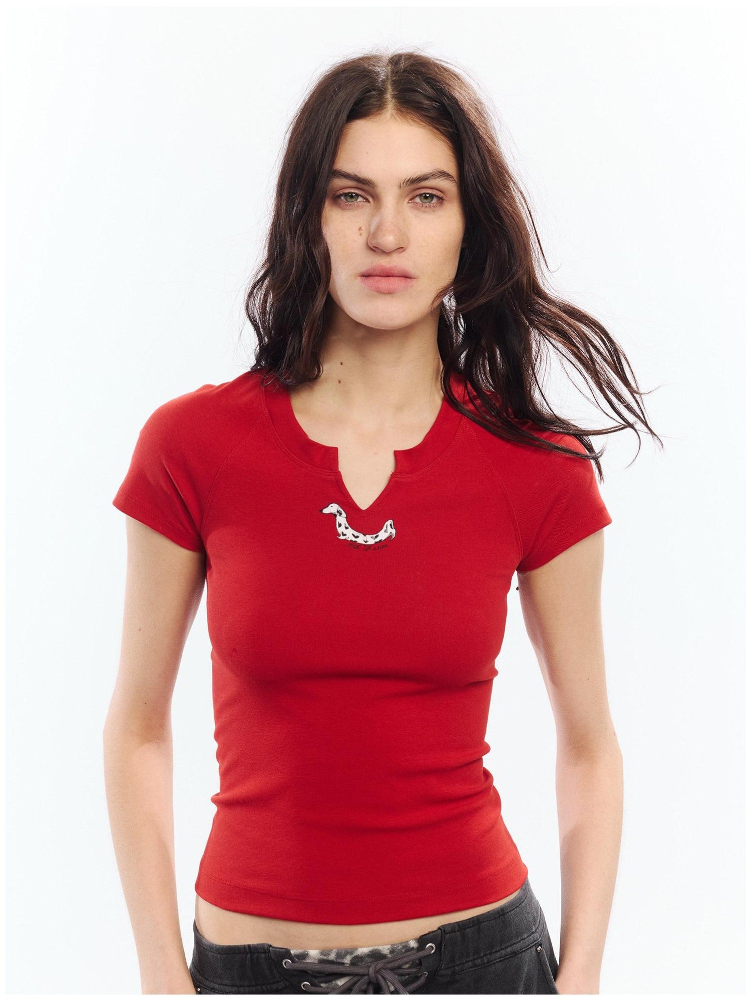 2th Desire Red White Printed V-neck Short Sleeve Women&