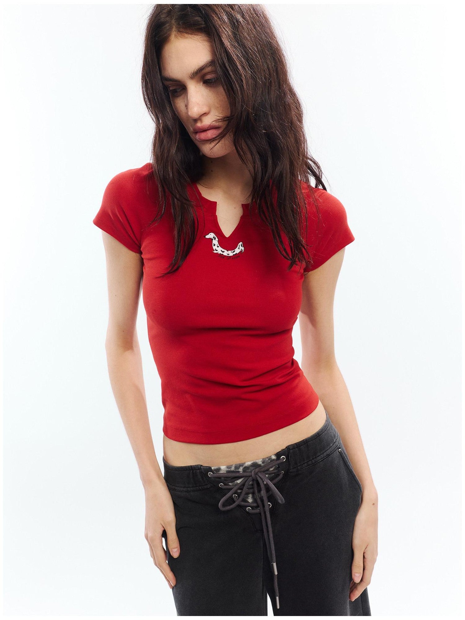 2th Desire Red White Printed V-neck Short Sleeve Women&