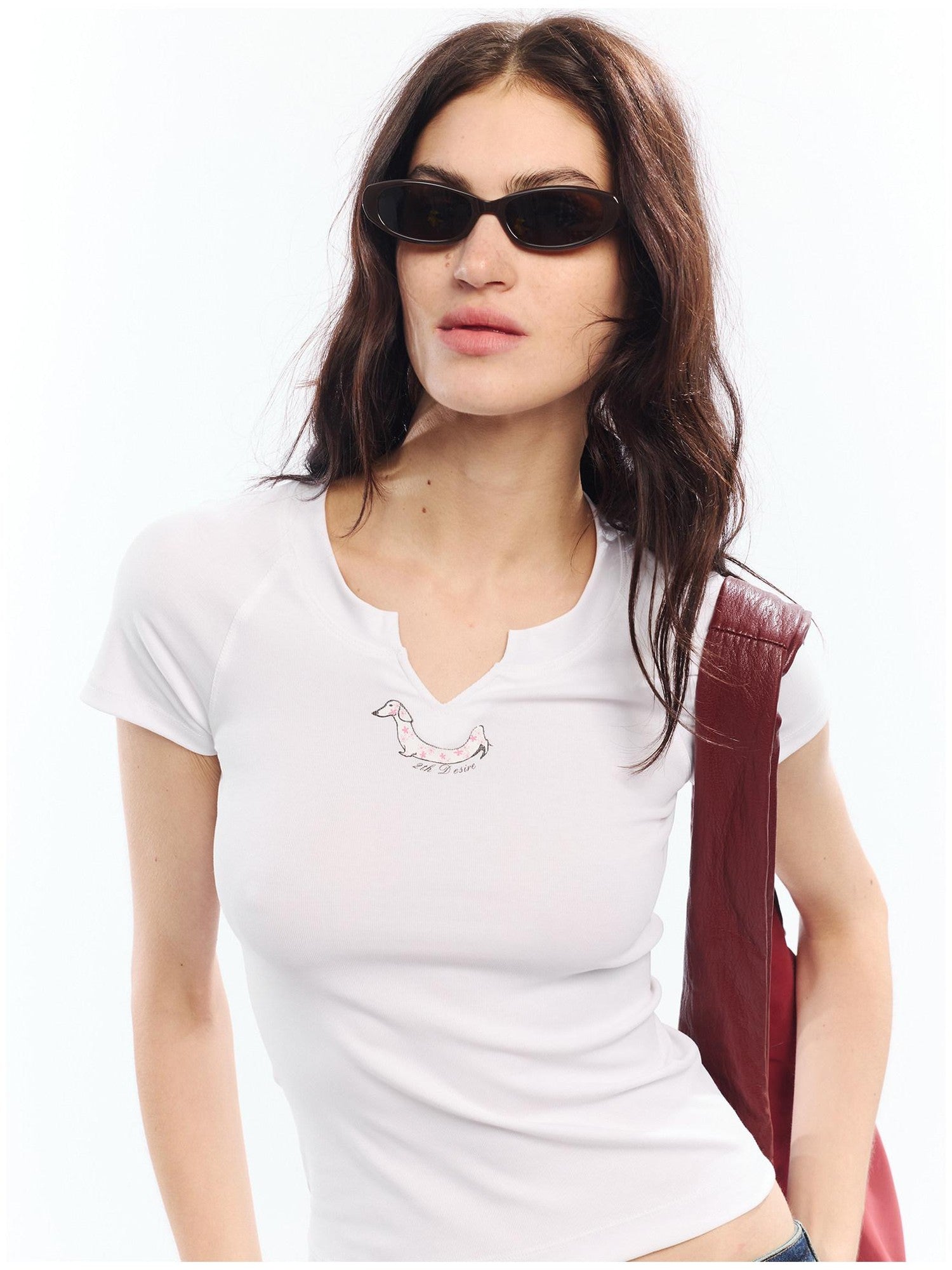 2th Desire Red White Printed V-neck Short Sleeve Women&