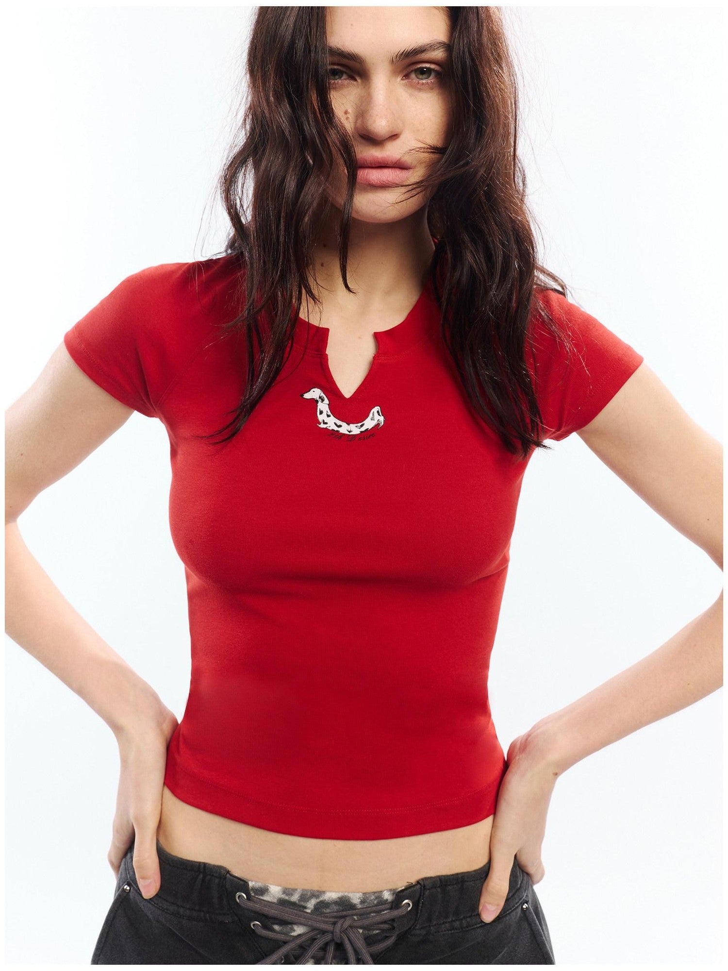 2th Desire Red White Printed V-neck Short Sleeve Women&