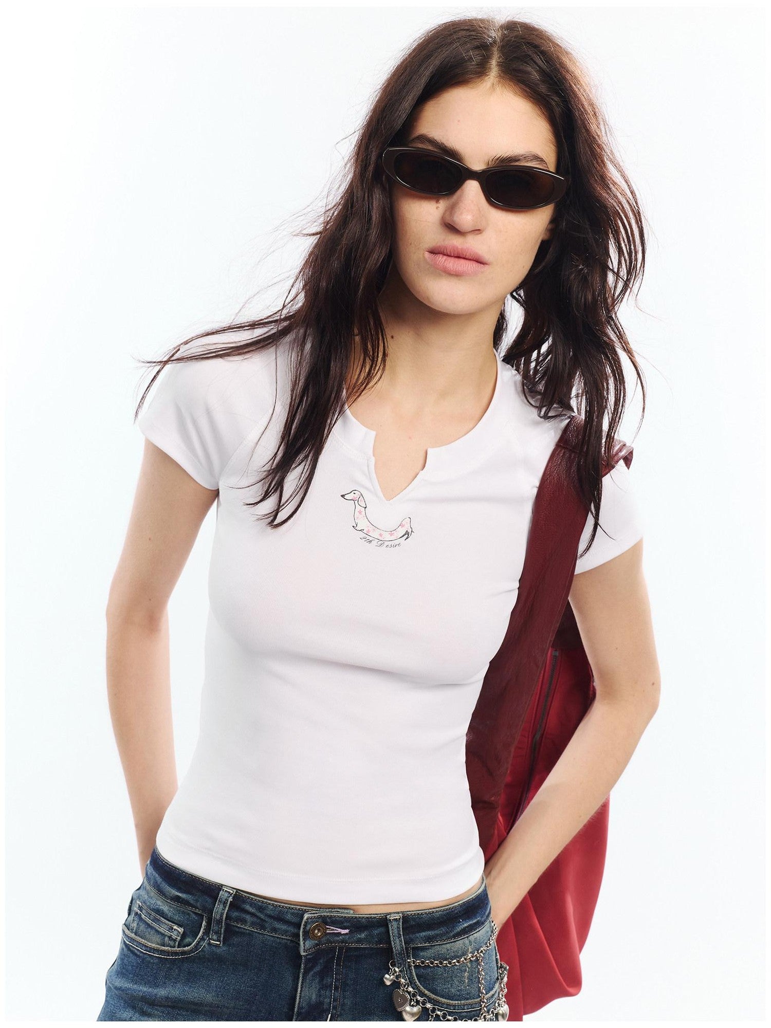 2th Desire Red White Printed V-neck Short Sleeve Women&