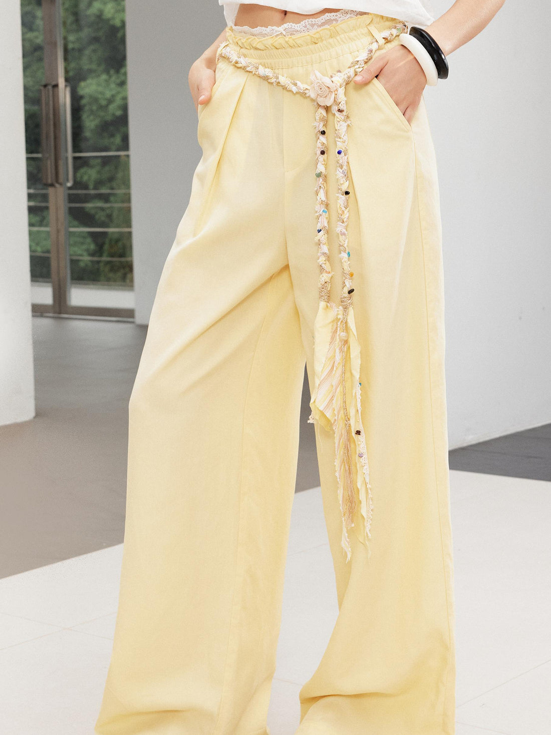 2th Desire Relaxed Linen Pants With Vintage Lace Trim Waistband