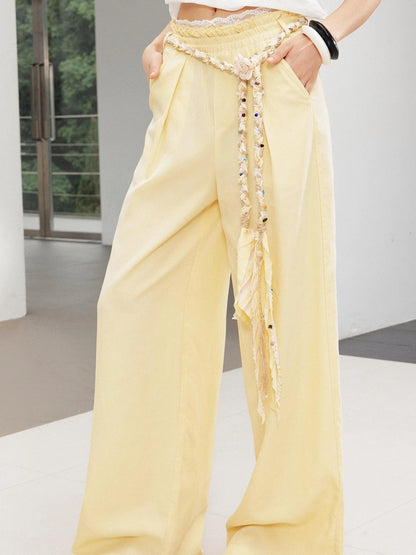 Relaxed Linen Pants With Vintage Lace Trim Waistband