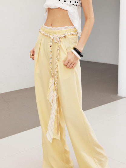 2th Desire Relaxed Linen Pants With Vintage Lace Trim Waistband