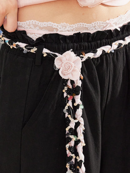 2th Desire Relaxed Linen Pants With Vintage Lace Trim Waistband