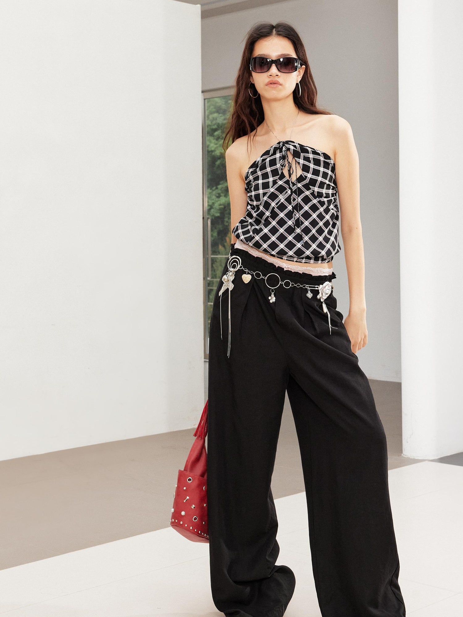 2th Desire Relaxed Linen Pants With Vintage Lace Trim Waistband