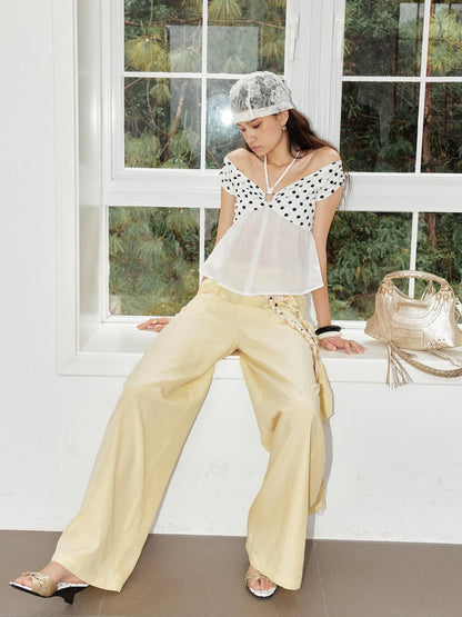 Relaxed Linen Pants With Vintage Lace Trim Waistband