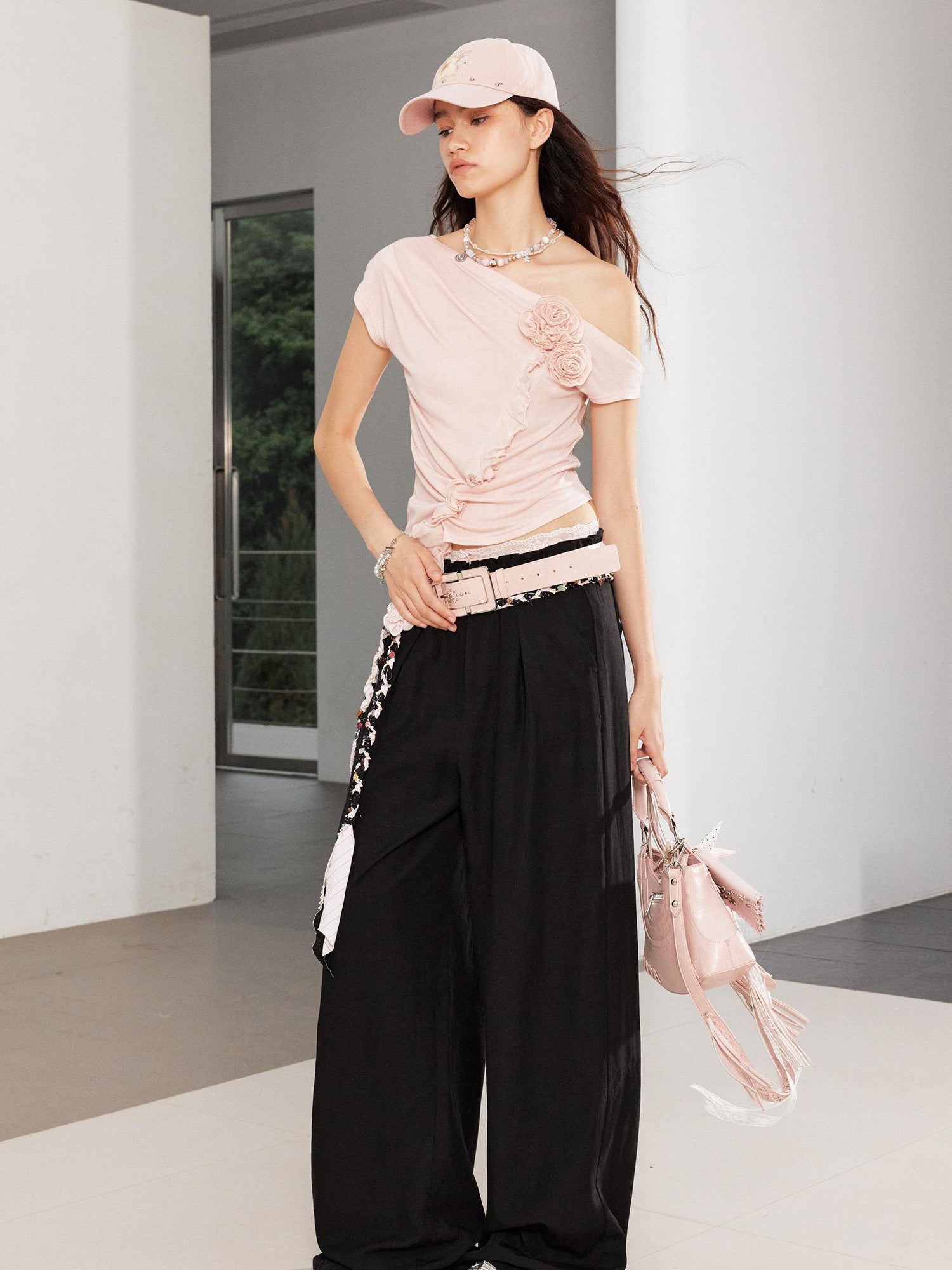2th Desire Relaxed Linen Pants With Vintage Lace Trim Waistband