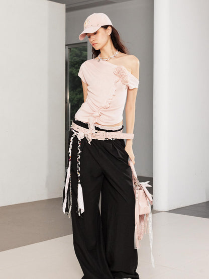 2th Desire Relaxed Linen Pants With Vintage Lace Trim Waistband