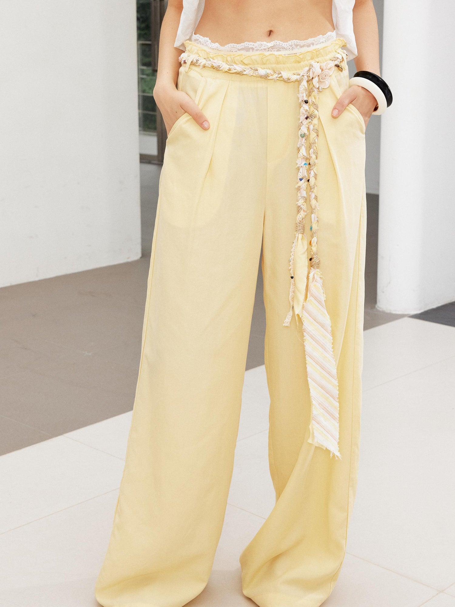 2th Desire Relaxed Linen Pants With Vintage Lace Trim Waistband