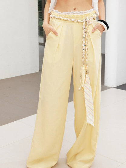 Relaxed Linen Pants With Vintage Lace Trim Waistband