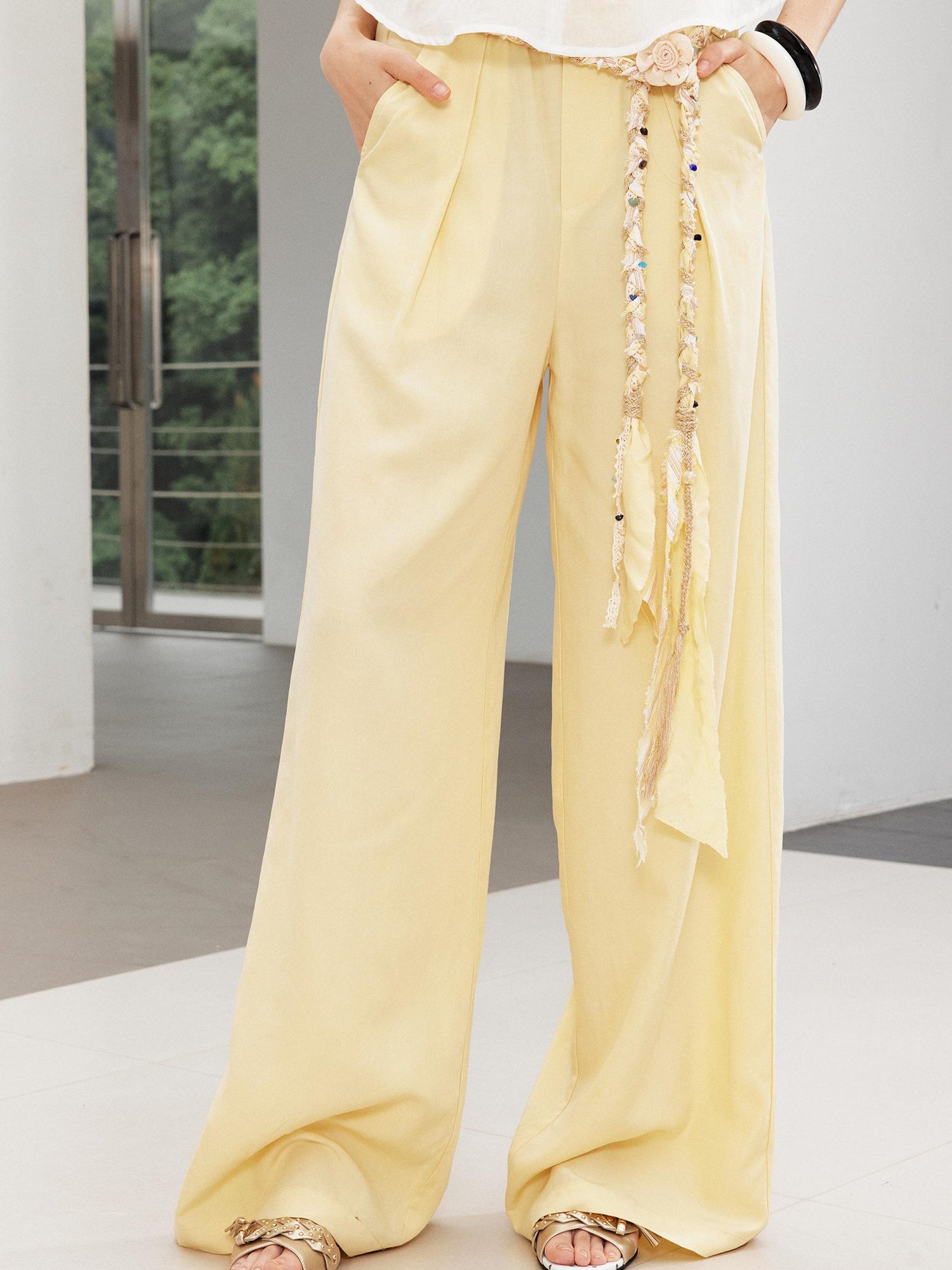 2th Desire Relaxed Linen Pants With Vintage Lace Trim Waistband