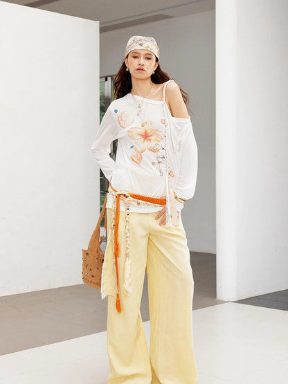 Relaxed Linen Pants With Vintage Lace Trim Waistband