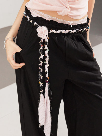 2th Desire Relaxed Linen Pants With Vintage Lace Trim Waistband
