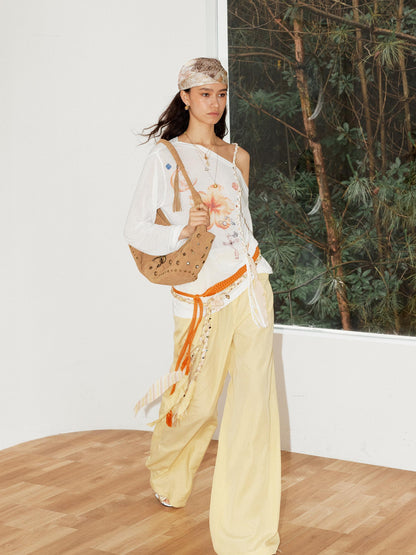 2th Desire Relaxed Linen Pants With Vintage Lace Trim Waistband