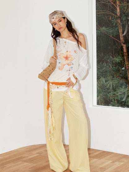 2th Desire Relaxed Linen Pants With Vintage Lace Trim Waistband