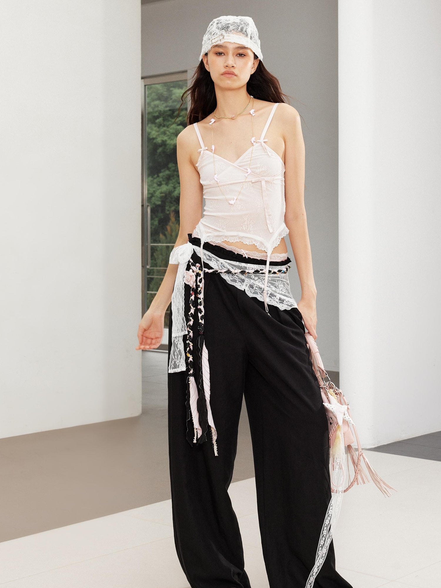 2th Desire Relaxed Linen Pants With Vintage Lace Trim Waistband
